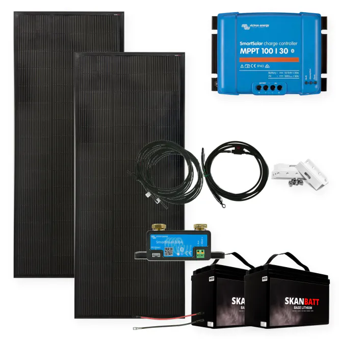 Hovedbillede Komplett solcellepakke hytte 12V 480W (2x240W) helsvart med ...